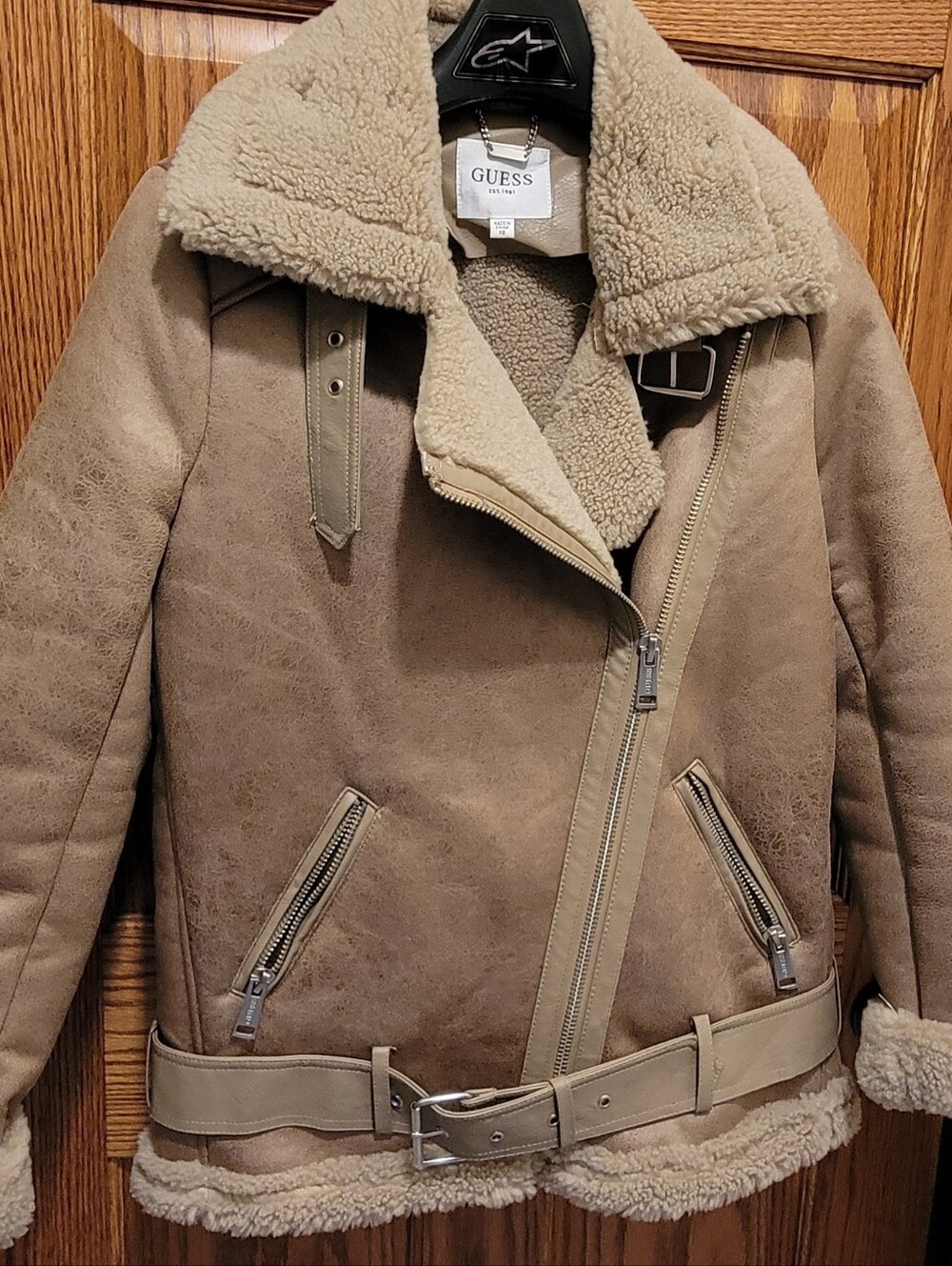 Guess Tan Faux Shearling Coat with Cream Trim